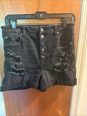 American Eagle High-Waist Distressed Black Denim Shorts